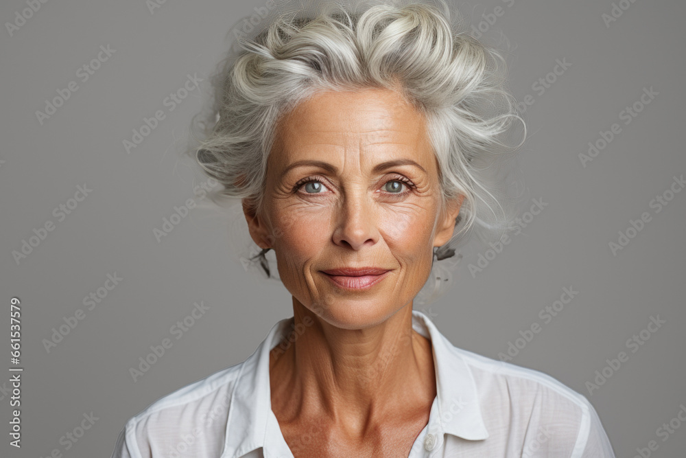 Caucasian senior woman in white t-shirt on dark gray background