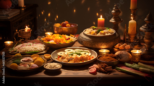 Capture a heartwarming moment of families and friends enjoying a lavish Diwali feast. Highlight the delectable dishes, traditional serving ware, and the joyous atmosphere.