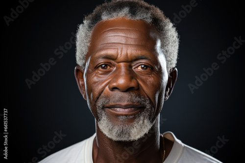 Senior bearded african american man in white t-shirt on dark gray background photo
