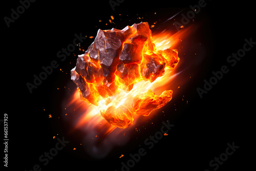 Burning meteorite isolated on black background.