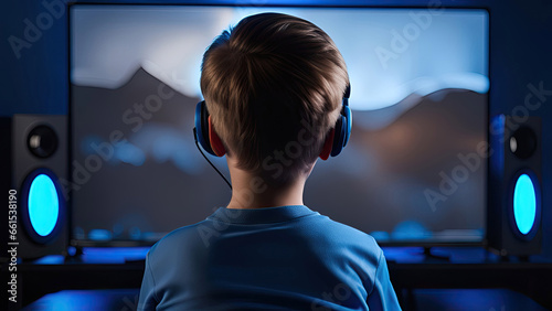 Child gaming on desktop playing addictive online video game at home in his room.Generative AI photo