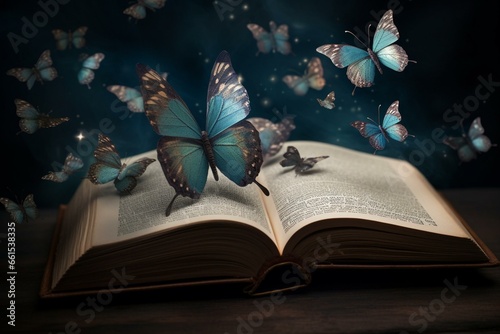 An enchanted book with ethereal butterflies for magical and literary backdrops. Generative AI