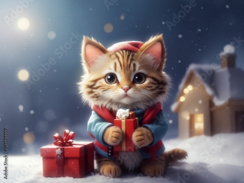 cute little pussy cat with Christmas gifts