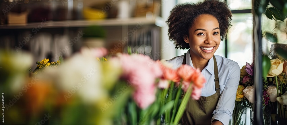 A cheerful female black entrepreneur selling flowers to a customer with a happy female Latin girl purchasing a bouquet from the florist With copyspace for text