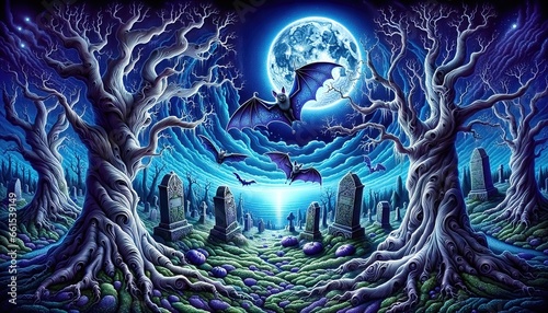 Mystical Halloween landscape with swirling trees, a luminous full moon, flying bats, and intricate gravestones set against a starry night. Generative AI.