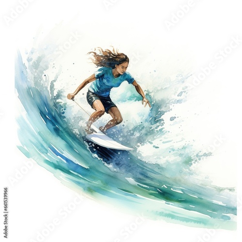 Woman surfing watercolor painting, white background. © LaxmiOwl