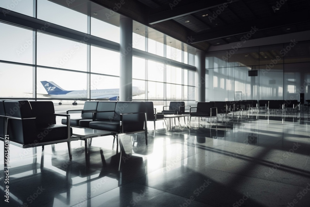 Modern airport lounge with seating, table, and aircraft in the background. Generative AI