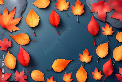 Autumn leaves on dark blue background. Generative AI