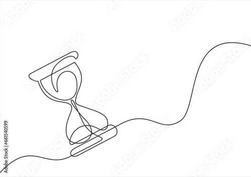 One continuous line drawing of hourglass with flow sand. Retro timer as time passing concept for countdown and business deadline in simple linear style isolated on white. Doodle vector illustration