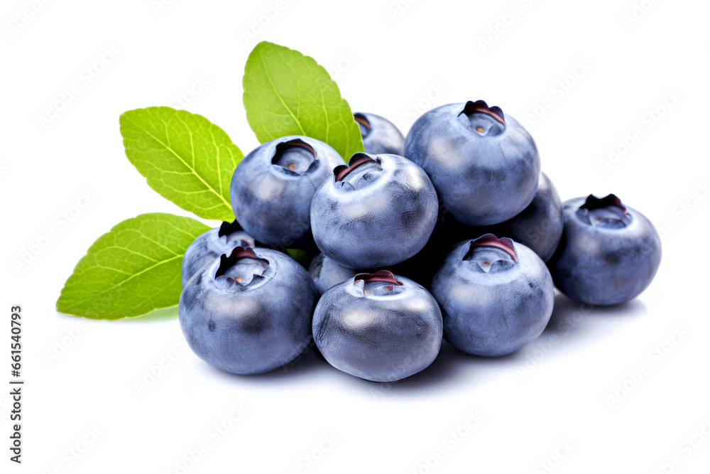 Blueberries with leaves isolated on white background