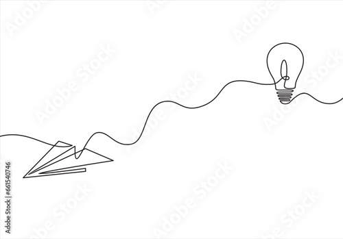 Paper plane flying up connected with light bulb in one continuous line drawing. Airplane in outline style. Startup business idea concept with editable stroke. Vector illustration