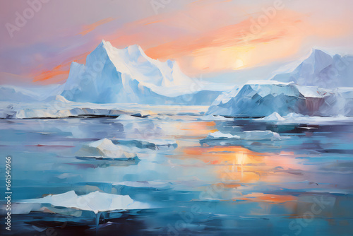 Arctic landscape. Impressionism style oil painting.