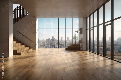 Contemporary hall, wooden parquet floor, concrete stairs, panoramic window displaying city view. Generative AI