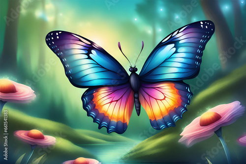 Beautiful butterfly on a background of the summer landscape. Generative AI © Photo Wall