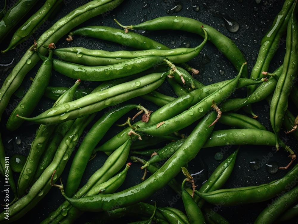 Fresh green beans with water drops Full frame background top view Fresh green beans with water drops Full frame background top view