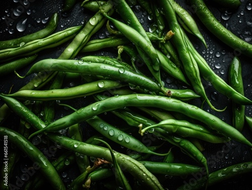 Fresh green beans with water drops Full frame background top view