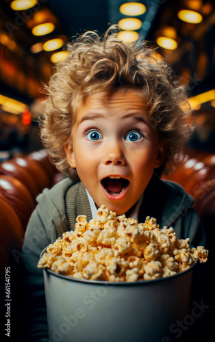 A child with a happy and surprised look with a large tub full of popcorn