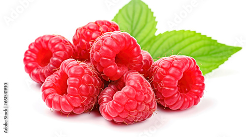 Ripe raspberries with green leaves isolated on white background.