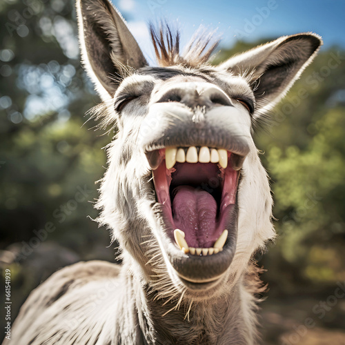 Obraz na płótnie portrait of a head of a donkey laughing. AI generated.