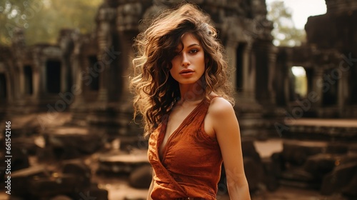 Woman dressed in the style of the 70s posing among the ruins of Angkor Wat