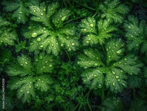 Fresh parsley with water drops Full frame background top view