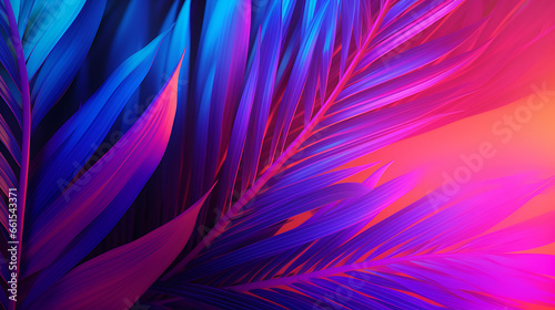 Tropical palm leaves in vibrant gradient color, holographic colours. Minimal art concept © Alin