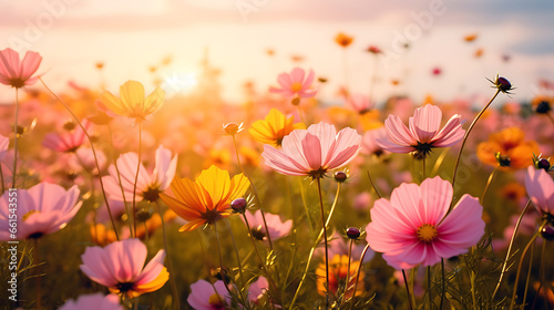 Blooming yellow pink and orange cosmos flowers in field with sunshine.