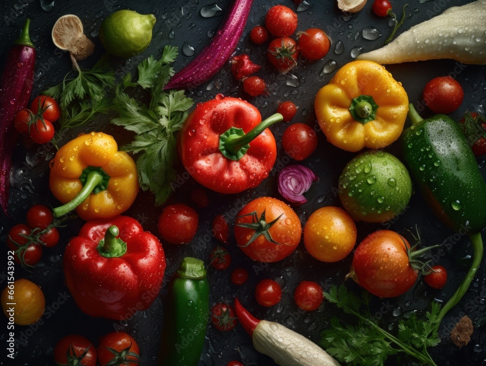 Fresh various vegetables with water drops Full frame background top view Fresh various vegetables with water drops Full frame background top view