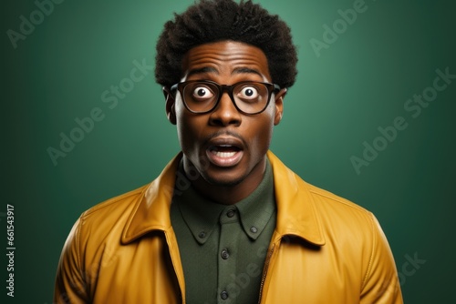 Portrait of a very surprised african american man with glasses.
