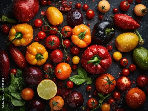 Fresh various vegetables with water drops Full frame background top view