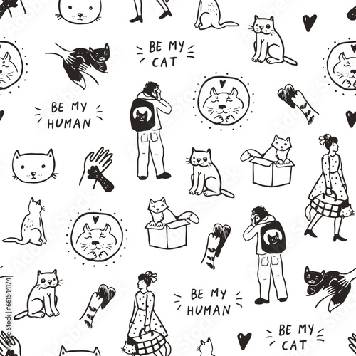 Funny cat, boy with cat, girl with cat vector line seamless pattern.