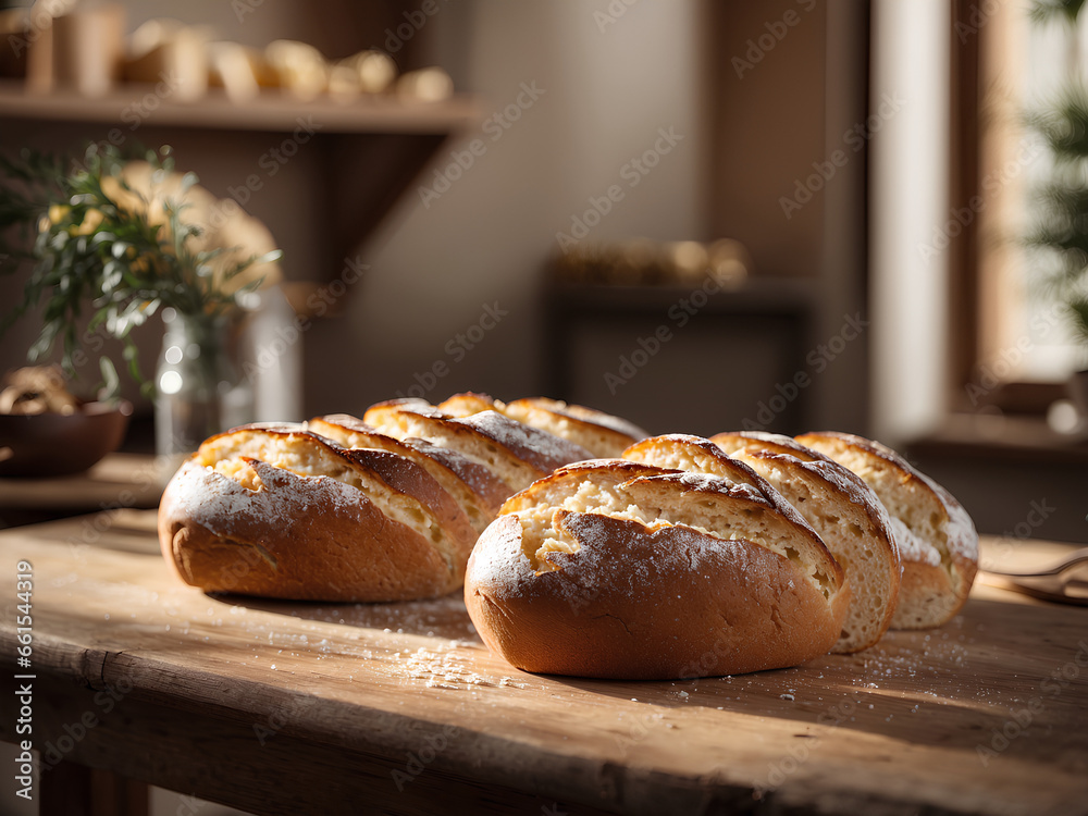Freshly baked loaves of bread placed meticulously on a robust wooden table.