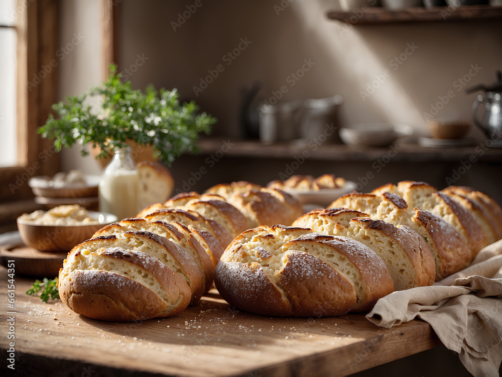 Freshly baked loaves of bread placed meticulously on a robust wooden table.