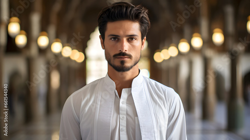 Muslim guy wearing shalwar kameez in mosque © Vectors.in