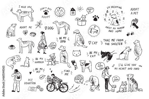 Adopt cat  dog vector line illustrations set.