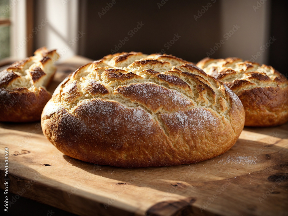 Freshly full unstarted breads placed meticulously on a robust wooden table. Freshly full unstarted breads placed meticulously on a robust wooden table.
