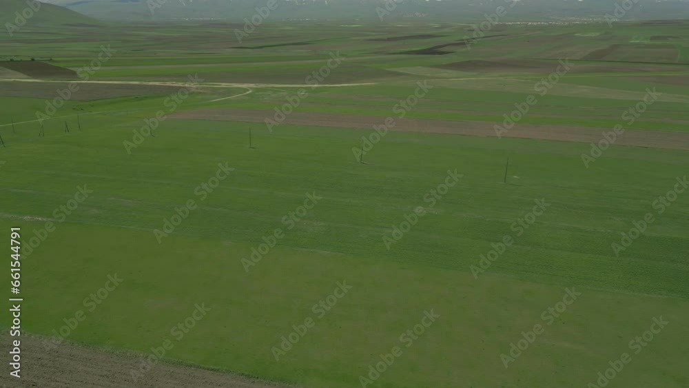 Drone video. Straight flight along green plowed fields crossed by country roads and power lines. In sunny weather, with a village in the far background. Lori region, Armenia. Drone video. Straight flight along green plowed fields crossed by country roads and power lines. In sunny weather, with a village in the far background. Lori region, Armenia.