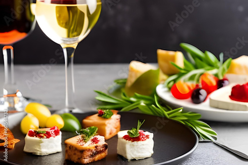 Cheese canapes on black plate with wine glass. Generative AI