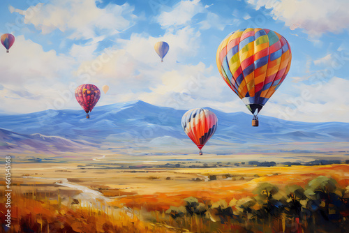 Landscape with beautiful balloons. Impressionism style oil painting. © Osadchyi_I