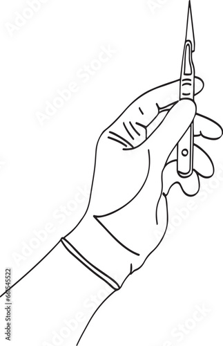 Doctor's Hand holding Scalpel - Vintage Surgical Drawing on White Background, Surgeon's Hand holding Scalpel - Vintage Surgical Drawing in Vector Illustration