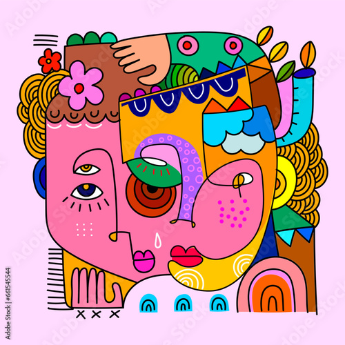 Colorful abstract faces portrait line art decorative hand drawn vector illustration. Artistic wall art, prints, cover, poster, decoration background.