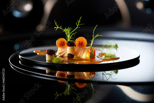Beautifully presented Michelin star restaurant dish on a plate, black background. Refined and elegant cuisine, fine dinning 