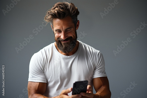 Caucasian adult man in white t-shirt using smartphone on gray backgroun © sofiko14