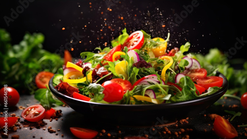 Fresh vegetable salad with arugula, cherry tomatoes, red onion and salami on black background