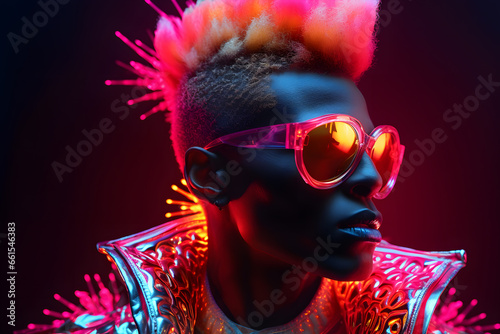 Portrait of  Fashion African man with neon costume and glasses in style of retro futurism, colorful bright cool look photo