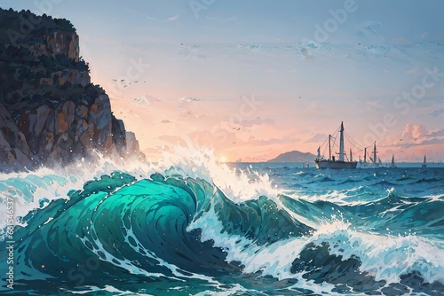 beach anime 2d. Ai generate illustration. scenery imagine ocean. seascape manga concept. seashore cliff romantic color. cartoon design painting. nature travel background artwork. horizon sunset.