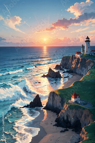 beach anime 2d. Ai generate illustration. scenery imagine ocean. seascape manga concept. seashore cliff romantic color. cartoon design painting. nature travel background artwork. horizon sunset.