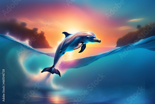 Dolphin swimming in the ocean at sunset. Generative AI