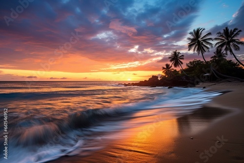 Beautiful sunrise on the beach of an island. Generative AI