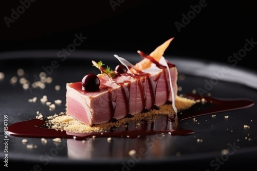 Beautifully presented Michelin star restaurant dish on a plate, black background. Refined and elegant cuisine, fine dinning 